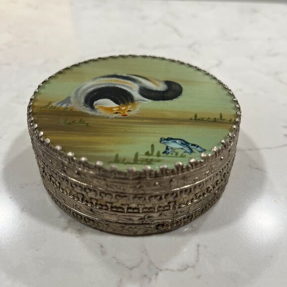 Rare Vintage Cat & Frog Jewelry Vanity Trinket Box Asian Make Up Mirror 1930-50s - Picture 4 of 8
